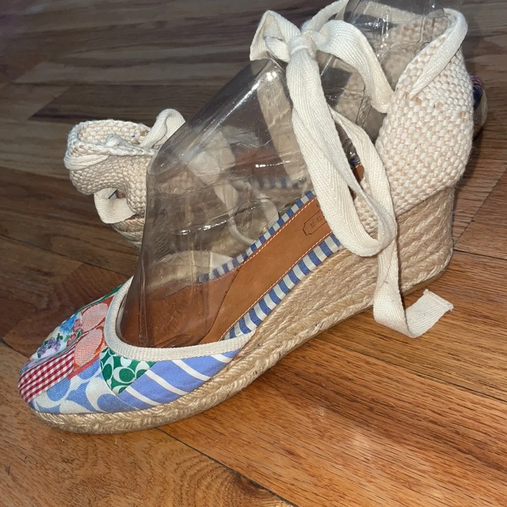 Coach Womens Kerrie Patchwork Canvas Wedge Espadrille Ankle Tie Sz 10
